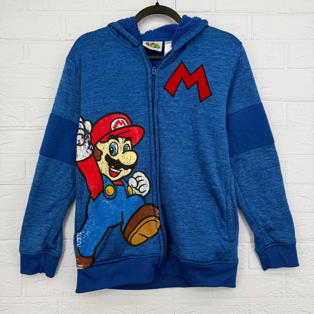 Super Mario Hoodie Boys XL Blue Zip Up Nintendo Graphic Sweatshirt